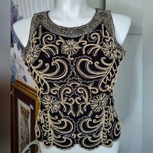 Jkara New York black and gold beaded sleeveless top Sz XL Vintage Stunning